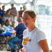 Woman laughing at Comerica Park event